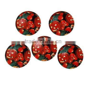 Glass Dome Seals Cabochons Round Flatback Red & Green Halloween Pumpkin Leaves Pattern Transparent 20mm Dia