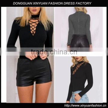 Women Fashion Sexy bodysuit Long Sleeve Top Deep V Lace-up Ribbed Jumpsuits