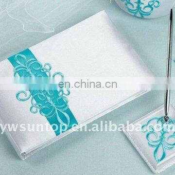 Blue Stain wedding guest book and pen holder set