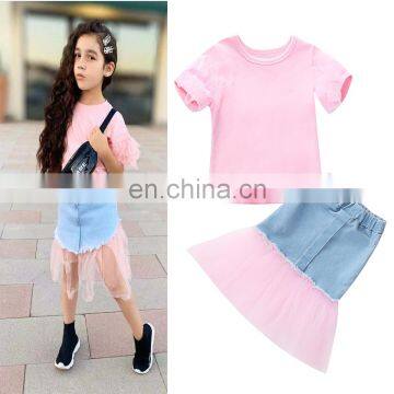 2020 Summer Fashion New Children's Wear Set Girls Top Short Sleeve + Elastic Waist Denim Skirts 2 Pcs Kids Sets