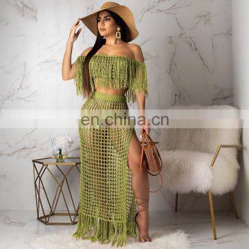 Summer Crochet Dress Beach Wear 2 Piece Crop Top And Skirt Set For Women Long Sleeve Tassels Slash Neck Two Piece Knit Sets photo-4