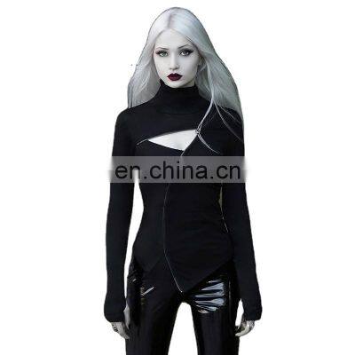 wholesale custom dark punk style irregular zipper chest hollow long-sleeved shirt high collar sexy thin irregular T-shirt