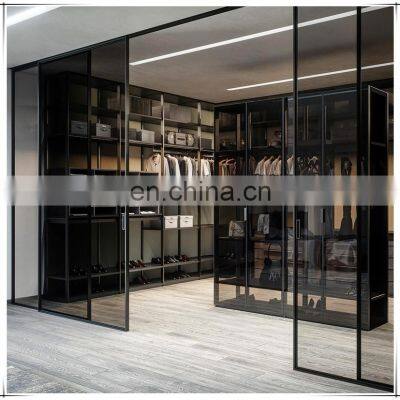 High end bedroom wardrobe modern aluminum frame glass hinged door walk in wardrobes