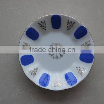 enameled porcelain bowl and plate with blue decal and godlen line