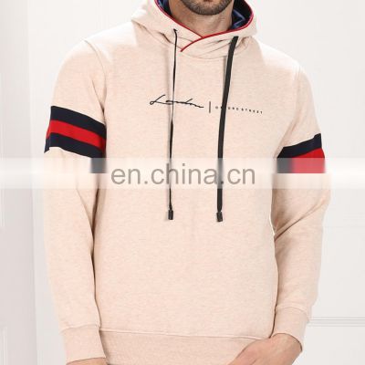 Beige hoodies & sweatshirts for men winter pullover clothings stripe on arms hoodie