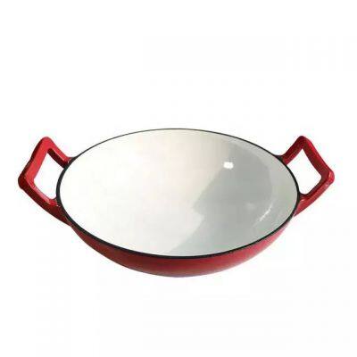 36cm Cast Iron Enamelled Wok Big Size Chinese Wok Red Double-handle Pot for Home Restaurant Chef Cooking