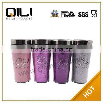 450ml BPA free stainless steel plastic thermos travel mug with glitter leather insert,Fashion auto mug