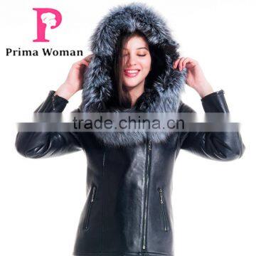 2015 Winter Leather Short Slim Fit Embroidered Women Coat With Belt Silver Fox Fur Hat photo-3