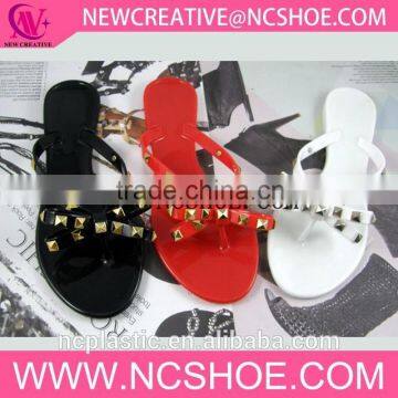 hotel beach thong lady flip flop jelly slipper with lace and rivet bowknot