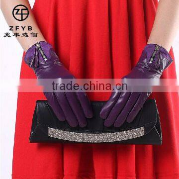 wholesale ladies fashion purple color ethiopian leather gloves with zipper