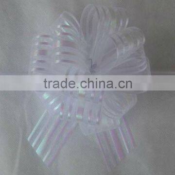 HOT SALE ! 4" White Iridescent / Rainbow Organza Striped New Material POM POM Pull Bow