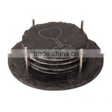 Round natural slate wine cup coaster with carved image