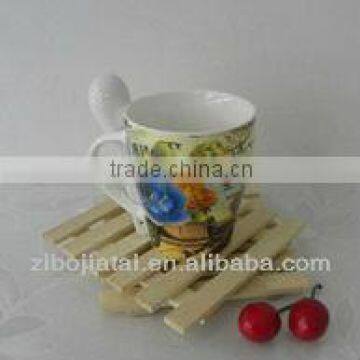 Promotional Drum Belly Shape Stoneware Flower Decal Coffee Mug with Spoon