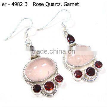 .925 Sterling Silver Garnet & Rose Quartz Semi Precious Gemstone Earrings