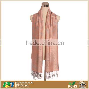 Beautiful feather print jacquard 100% acrylic pink scarf with tassel