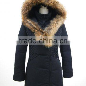 big real raccoon fur hood waist shaped knee length womens long down coat