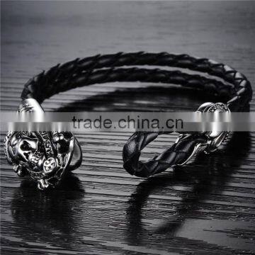 New Trending Skull Style Stainlesss Steel Genuine Leather Bracelet Men photo-4