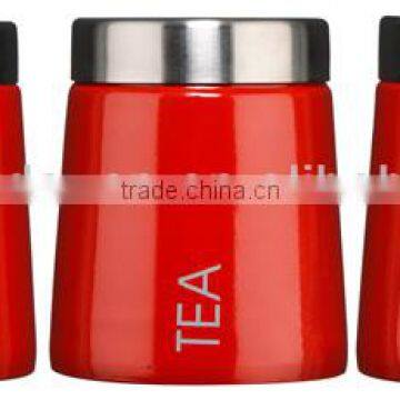 Red tea Coffee Sugar Canisters stainless steel lip set of 3