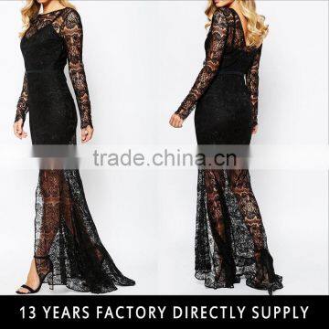 Black ladies long evening party wear gown long sleeve maxi lace dress for women 2016