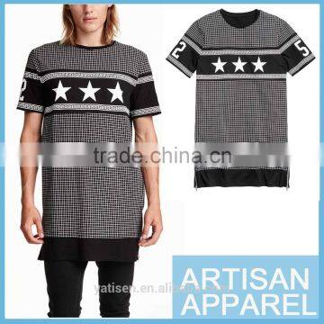 OEM Men's long T-shirt fashion o-neck 100% cotton casual white black plaid tall tee with good quality