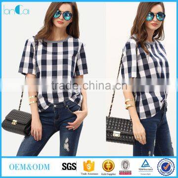 Casual White Royal Blue Check Round Neck T-shirt LC8307