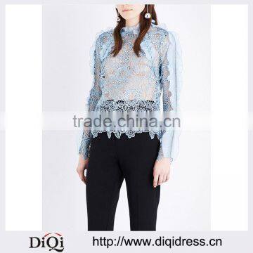 Wholesale High Neck Long Raglan Sleeves Floral Lace Frill-detailed Cutout Lace Top(DQE0188T)