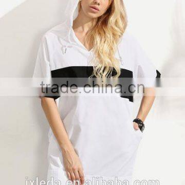 Women's Multi Color Contrast Hooded Oversized Short Sleeve Sweatshirt photo-3