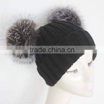 Myfur Black Double Silver Fox Fur Pom Puff Knitted Funny Cute Beanie Hats photo-2