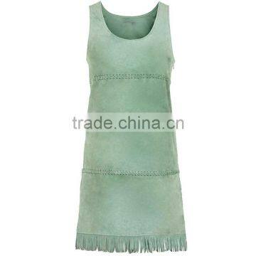 Mint Green Sleeveless Fringed Braided Suede Shift Dress photo-6