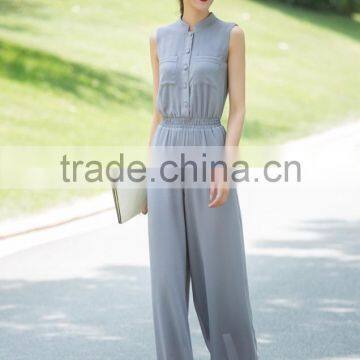 grey chiffon button-up jumpsuit dress pants with elastic band