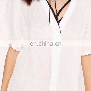 Latest Fashion Blouse Design White See Through White Shirt photo-5