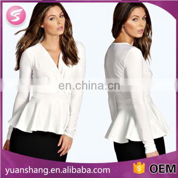 100% white long sleeve polyester t-shirt fashion peplum top for lady