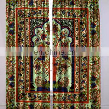 Indian Beautiful Peacock Tree of Life Curtains Cotton Boho Drapes Window Decor Green Curtain Set