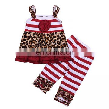 Hot sale two piece set leopard striped cotton dresses & red white strip ruffle pants summer baby girl set clothes