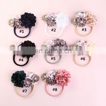 Girl Big flower Boutique Hairbands Pearl Floral Patchwork Nylon headwear 8colors