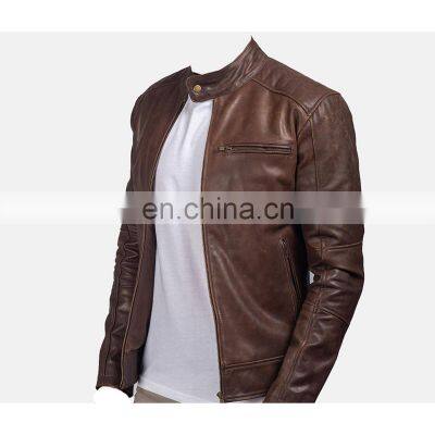 Man factory wholesale handmade beautiful design men bomber jackets collarless with zip closure type motorcycle jacket