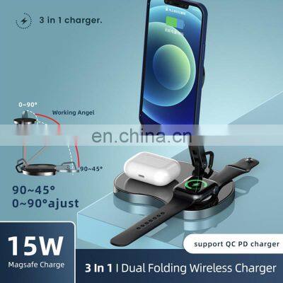 Aluminum Base Fast 3in1 Magnetic Wireless Portable Charger Phone Stand Qi Wireless Phone Chargers 3 In 1 Wireless Charger