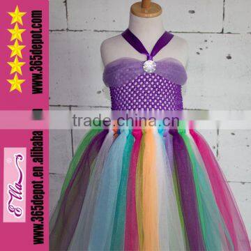 Silk rainbow color satin braces skirt fluffy voile girl's dress children frocks designs