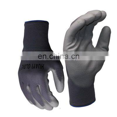 Grey PU Coated Polyester Seamless Knitted String Gloves Lightweight Polyurethane Palm Dipped Safety Working Gloves