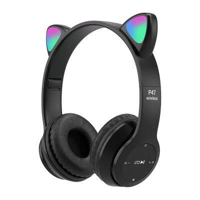 Foldable Cute Cat Ear Headphones Party Fashion BT Wireless Blue Tooth Headset Led Color RGB Light Tws Wireless Headphone