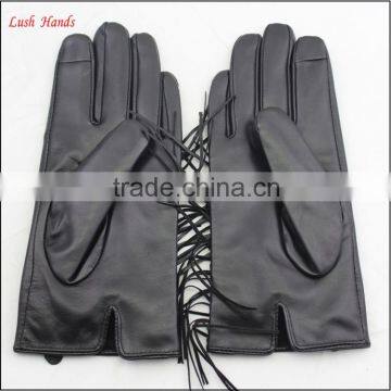 Genuine Black Thin Fringed Leather Gloves With Polyester Lining photo-5