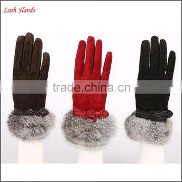 women pigsuede gloves with rabbit fur gloves