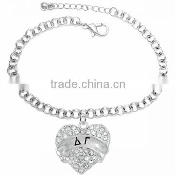 Genuine Austrian Clear Crystal "Delta Gamma" Greek Sorority Heart Charm Chain Link Bracelet