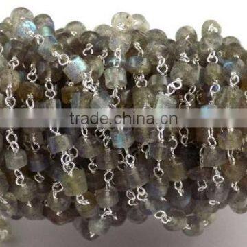 3 Feet Natural Blue Fire Labradorite Heishi Shape Smooth Rosary Style Wire Wrapped Beaded Chain 925 Silver Plated