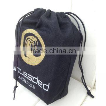 Custom black cotton drawstring bag with golden logo