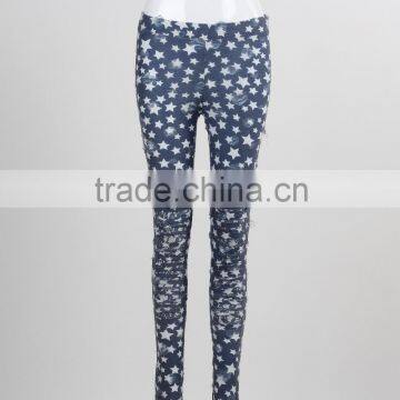 F5S31088 Good Quality Ripped out Leggings Women Navy Blue Star Printed Leggings