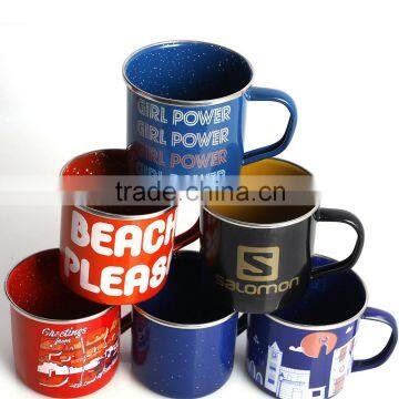 Wholesale Customized Design Cup Logo Printing Stainless Steel Rim Camping Enamel Mug