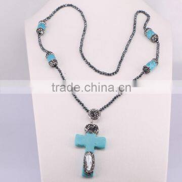 Charm Cross Turquoise Necklace, with 3mm Hematite Beads Necklace, Cross Pendant Charm Beaded Gem Stone Fashion Gemstone Necklace