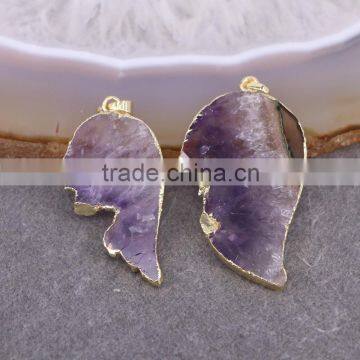 Natural Amethyst Pendant, Wings shape Gold Plated Edged Drusy Amethyst Gem stone Pendant, Druzy Pendant