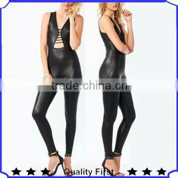 slightly stretchy faux leather jumpsuit sexy plunging cut-out front with laddered straps and bust women fashion pants